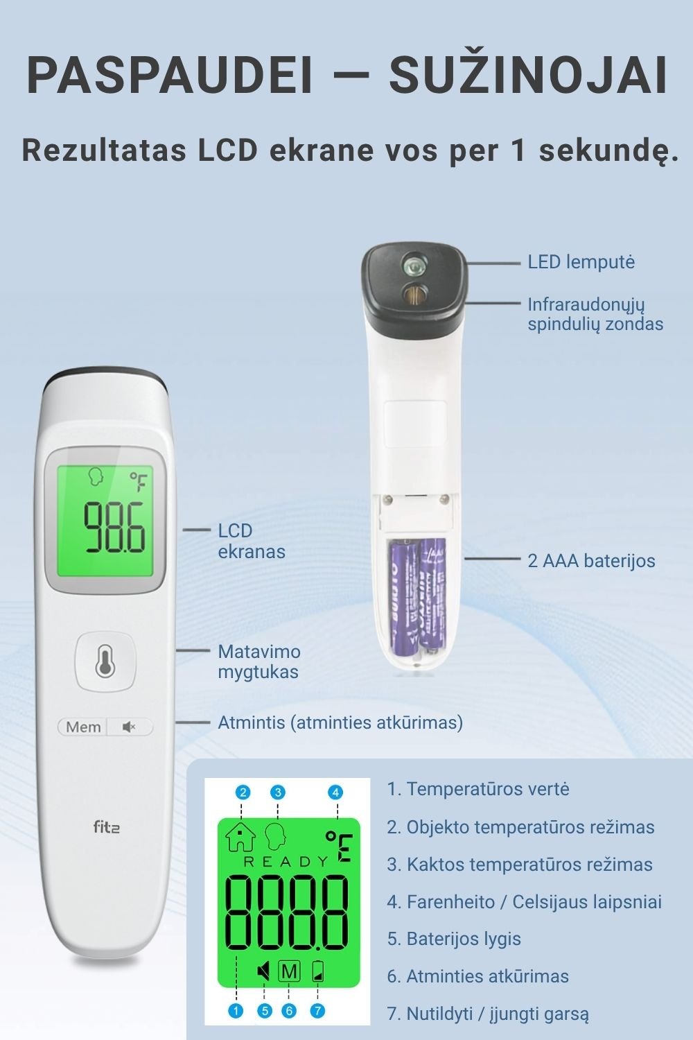 Infraraudonųjų spindulių termometras FIT2 Meditech, bekontaktis, kaktos ir objektų aprašymas - Prekės nuotrauka