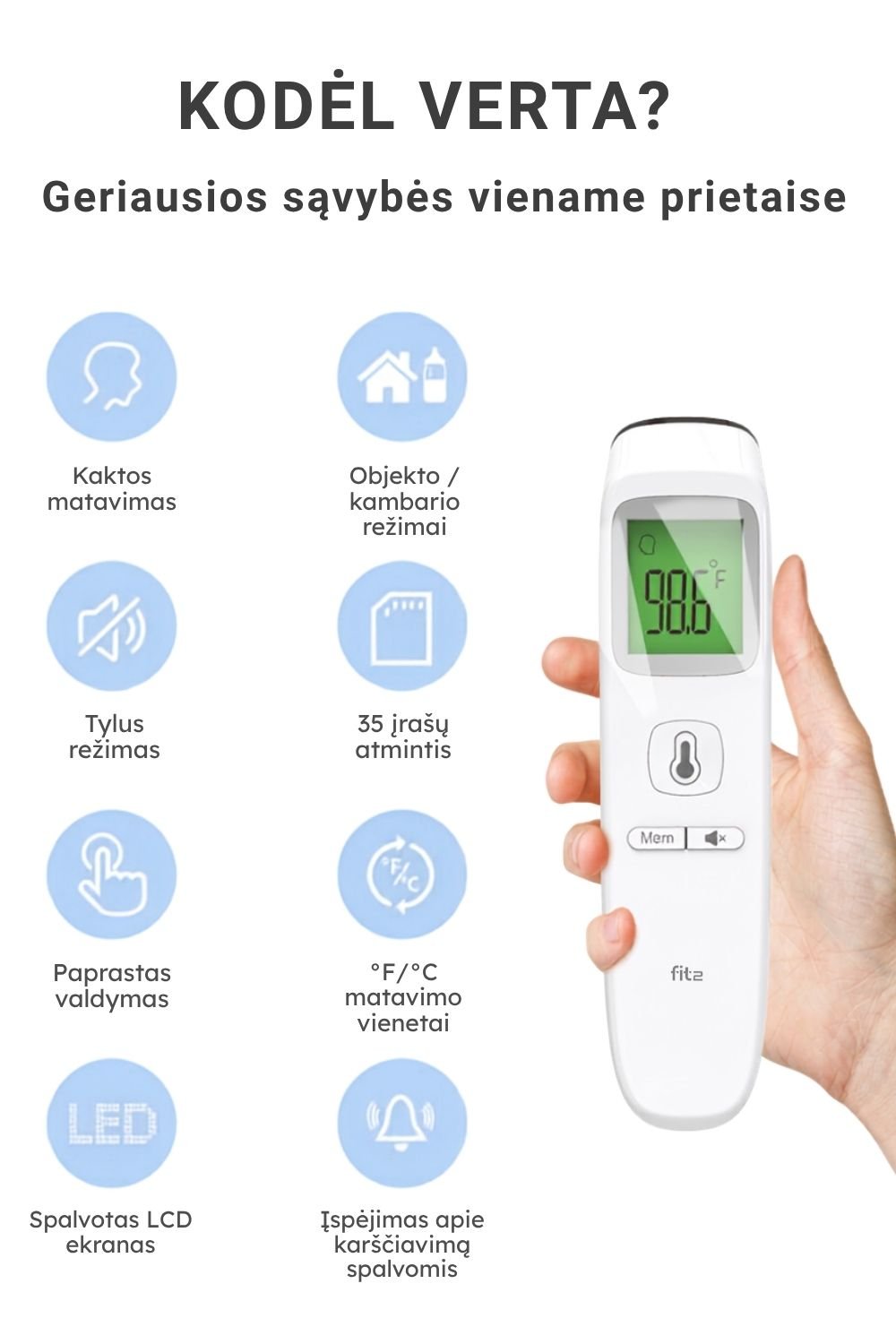 Infraraudonųjų spindulių termometras FIT2 Meditech, bekontaktis, kaktos ir objektų aprašymas - Prekės nuotrauka