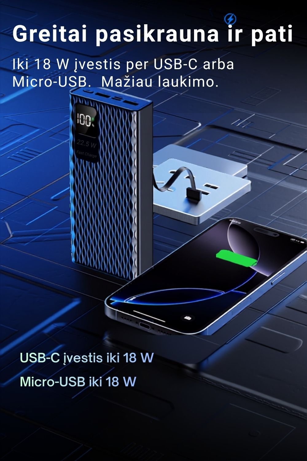 Išorinė baterija FIT2 1284 20000 mAh, 22.5W greitas įkrovimas aprašymas - Prekės nuotrauka