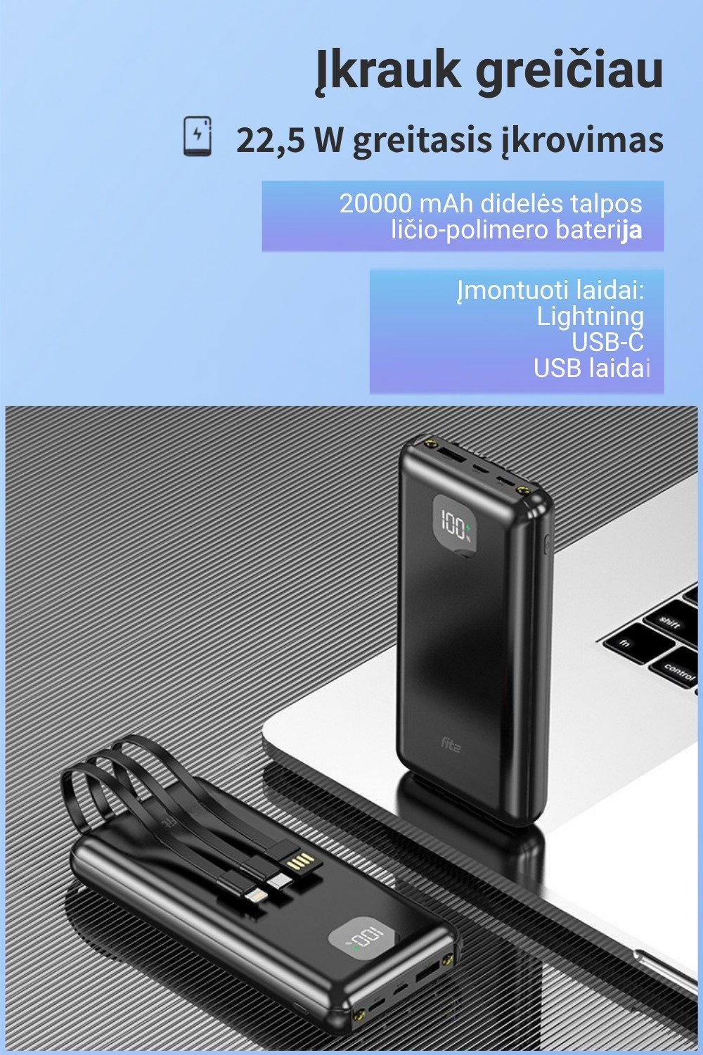 Išorinė baterija FIT2 DX100 20000 mAh, 22.5W greitas įkrovimas aprašymas - Prekės nuotrauka