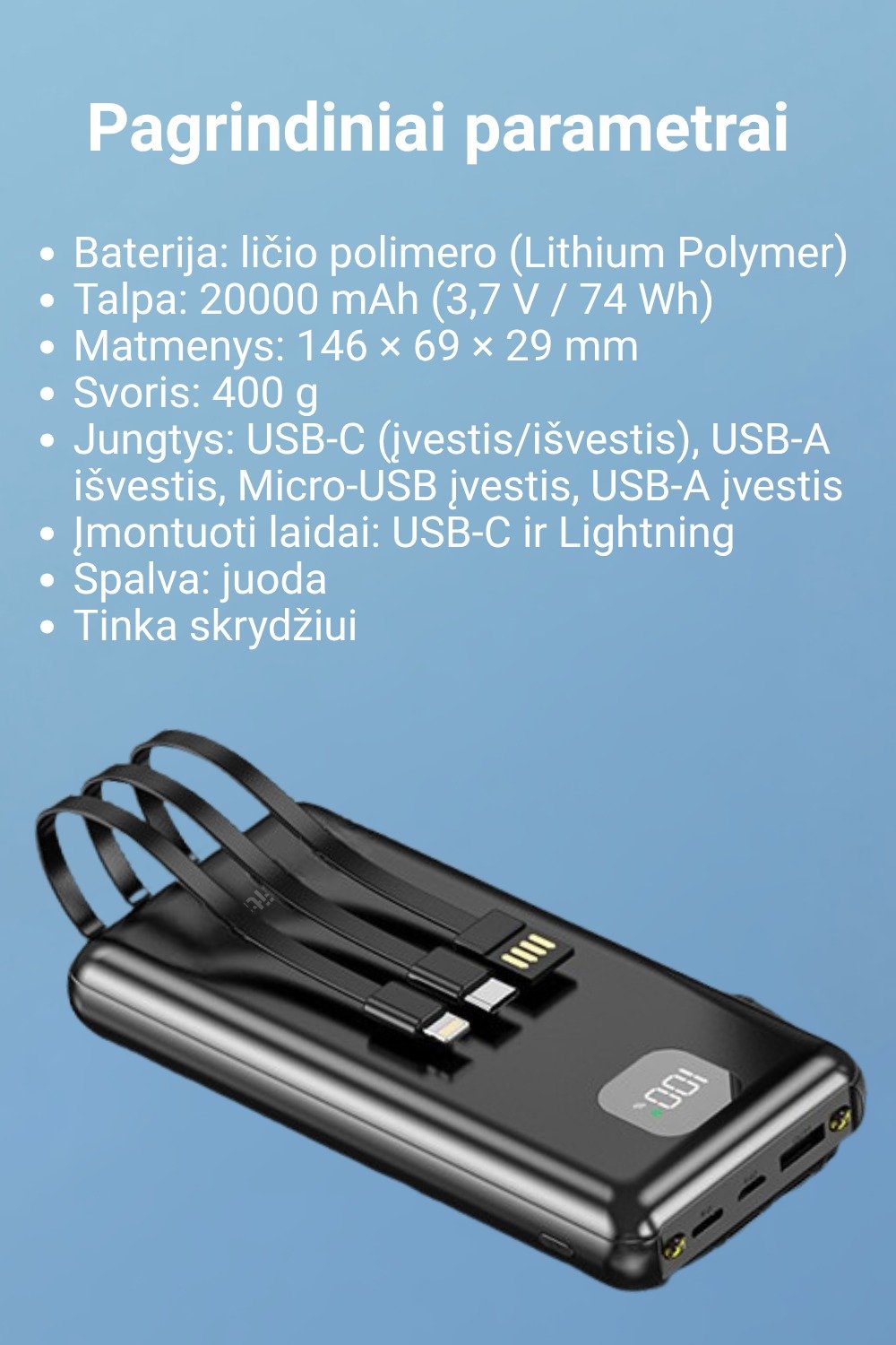 Išorinė baterija FIT2 DX100 20000 mAh, 22.5W greitas įkrovimas aprašymas - Prekės nuotrauka