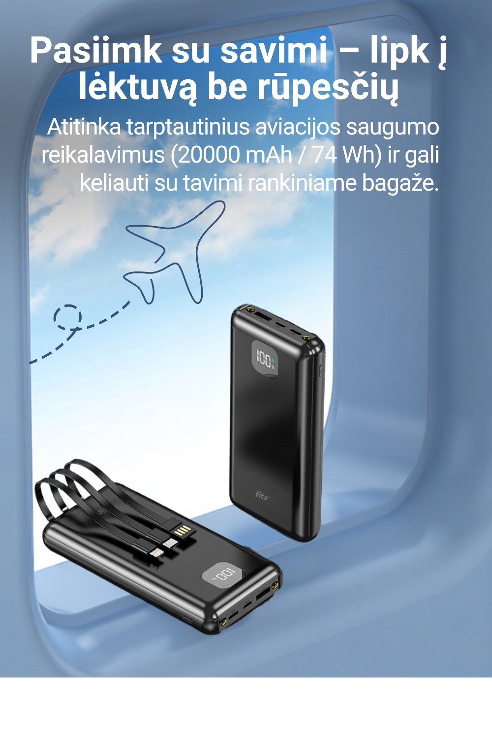 Išorinė baterija FIT2 DX100 20000 mAh, 22.5W greitas įkrovimas aprašymas - Prekės nuotrauka