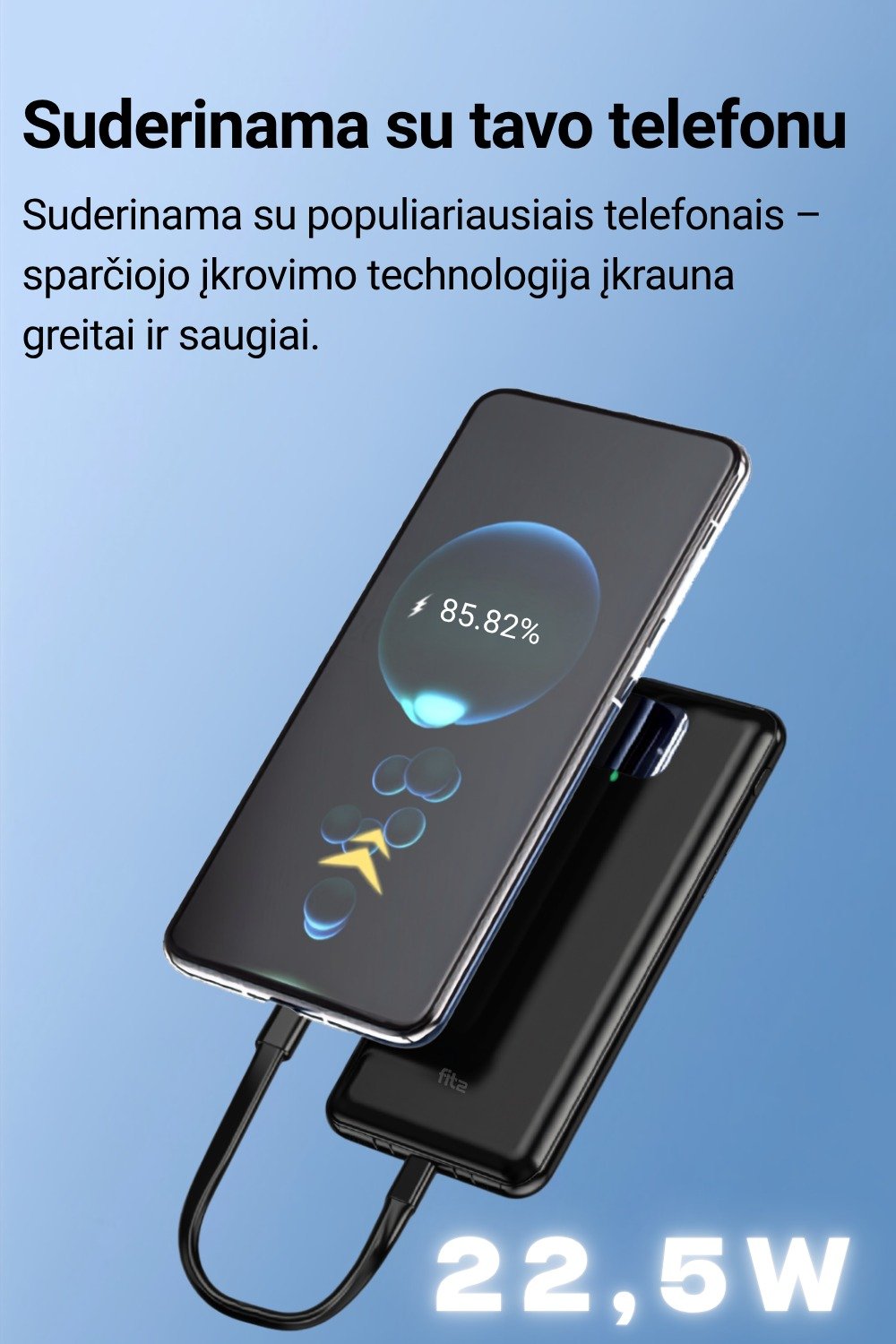 Išorinė baterija FIT2 DX100 20000 mAh, 22.5W greitas įkrovimas aprašymas - Prekės nuotrauka