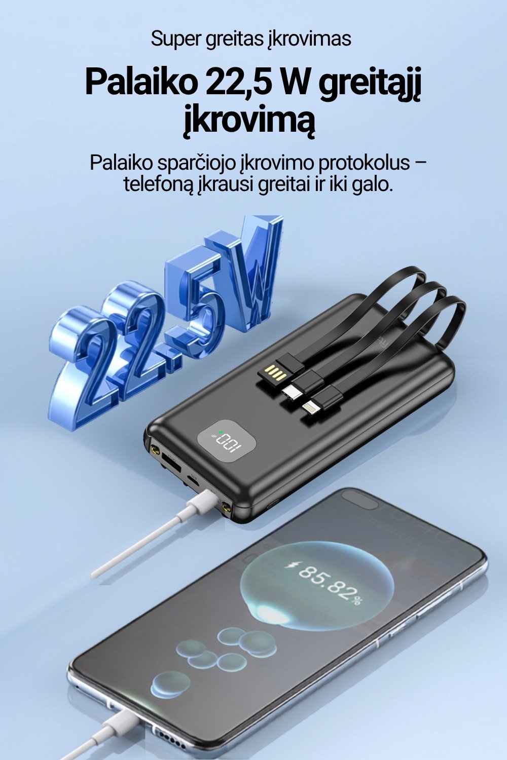 Išorinė baterija FIT2 DX100 20000 mAh, 22.5W greitas įkrovimas aprašymas - Prekės nuotrauka