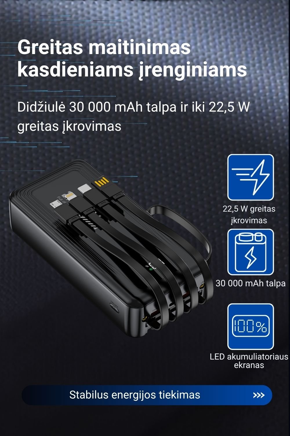 Išorinė baterija FIT2 DX503 30000 mAh, 22.5W greitas įkrovimas aprašymas - Prekės nuotrauka