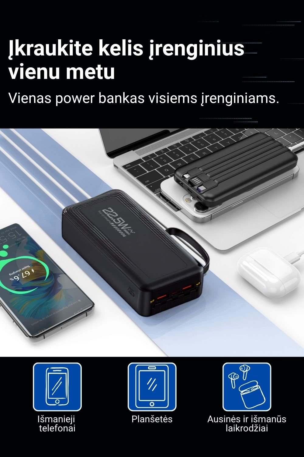 Išorinė baterija FIT2 DX503 30000 mAh, 22.5W greitas įkrovimas aprašymas - Prekės nuotrauka