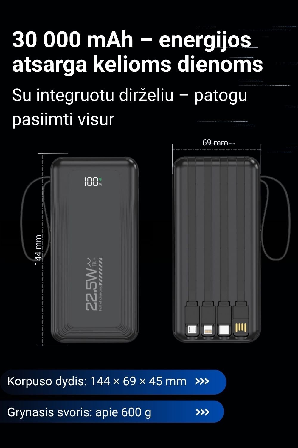 Išorinė baterija FIT2 DX503 30000 mAh, 22.5W greitas įkrovimas aprašymas - Prekės nuotrauka