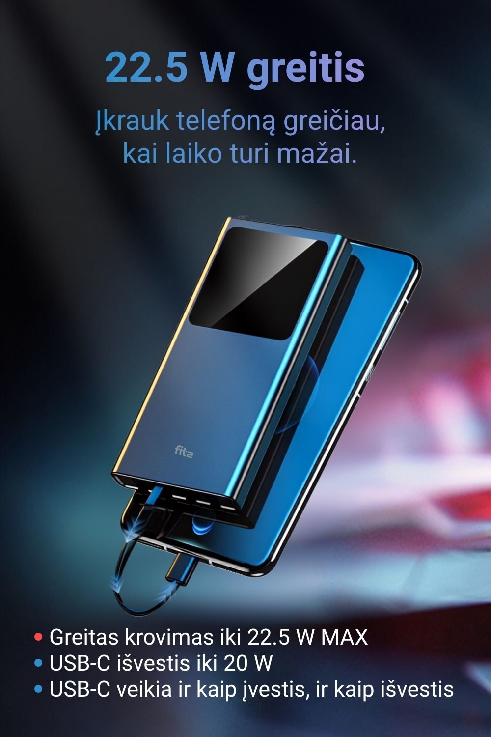 Išorinė baterija FIT2 DX95 10000 mAh, 22.5W greitas įkrovimas aprašymas - Prekės nuotrauka