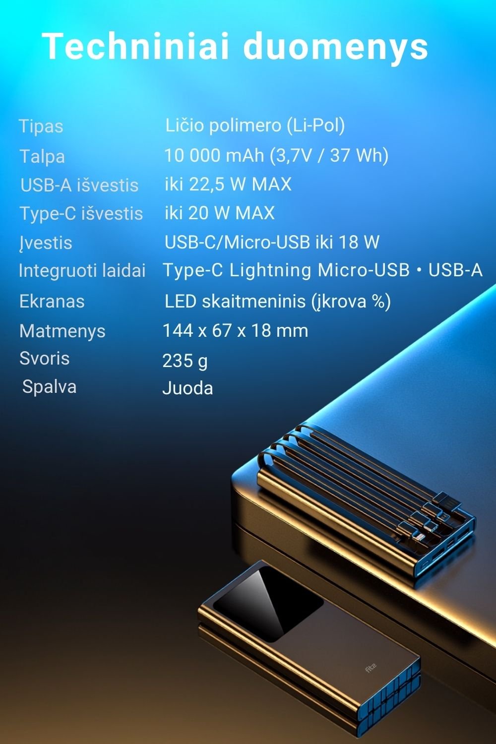Išorinė baterija FIT2 DX95 10000 mAh, 22.5W greitas įkrovimas aprašymas - Prekės nuotrauka