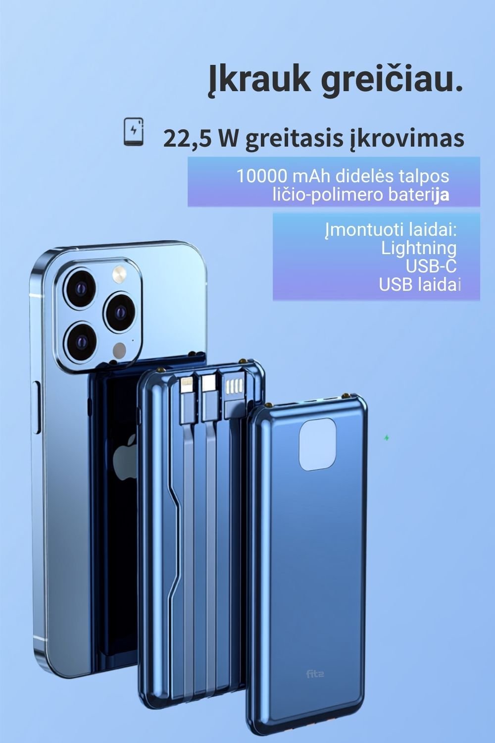 Išorinė baterija FIT2 DX99 10000 mAh, 22.5W greitas įkrovimas aprašymas - Prekės nuotrauka