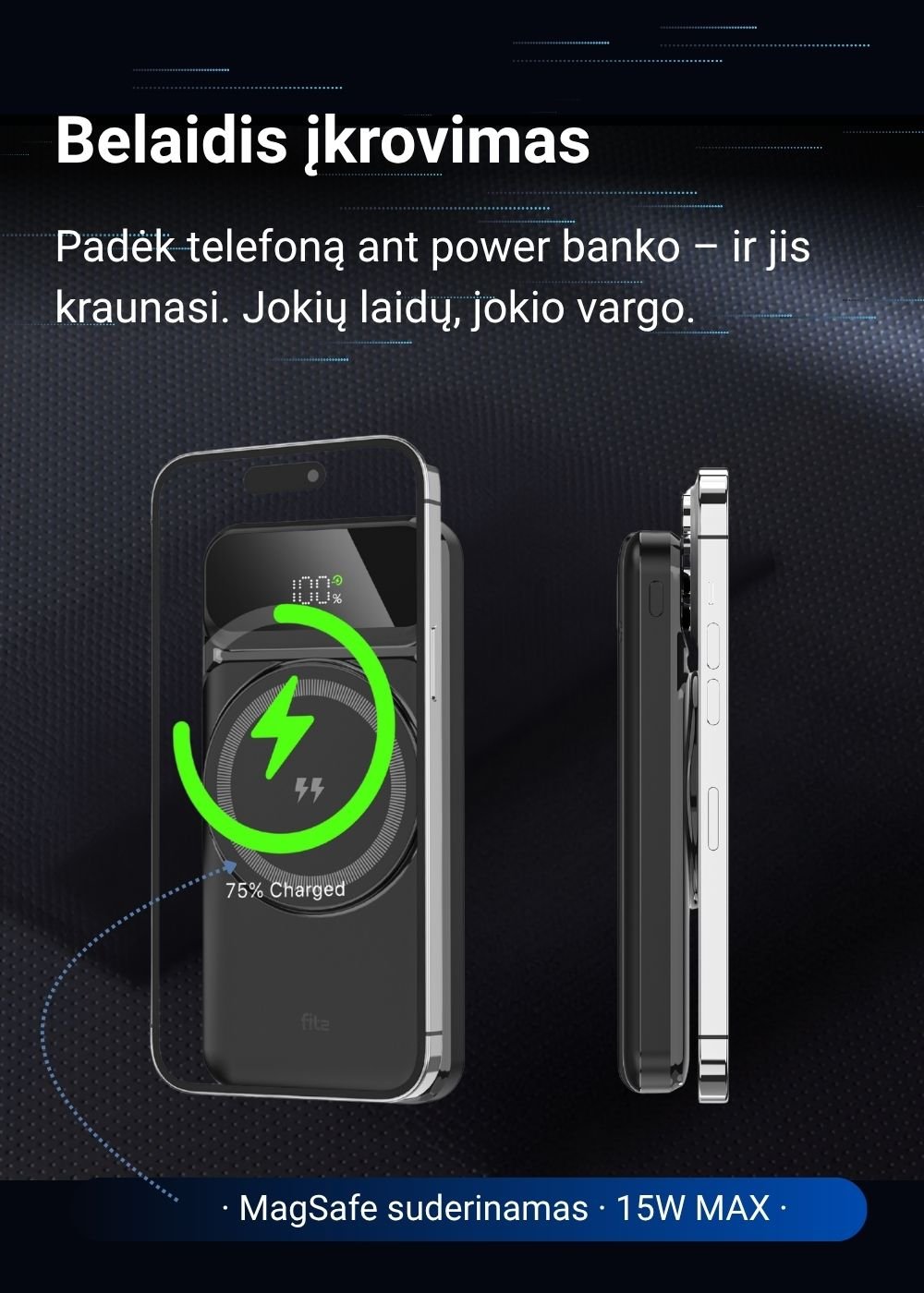 Išorinė baterija FIT2 H30C 10000 mAh, 22.5W greitas ir 15W belaidis įkrovimas aprašymas - Prekės nuotrauka
