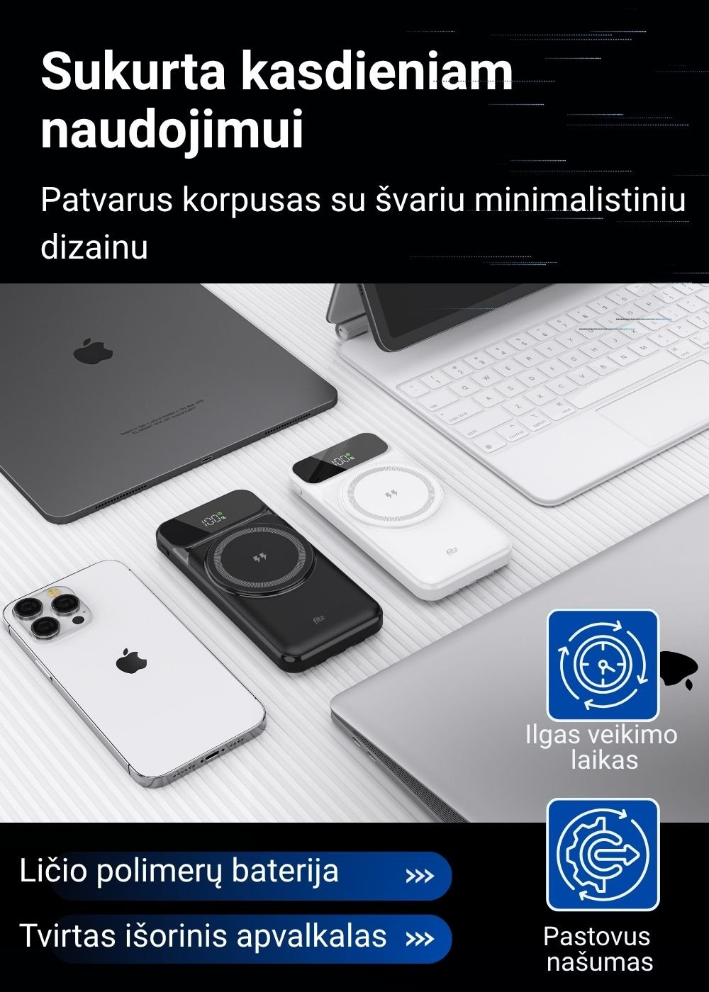 Išorinė baterija FIT2 H30C 10000 mAh, 22.5W greitas ir 15W belaidis įkrovimas aprašymas - Prekės nuotrauka