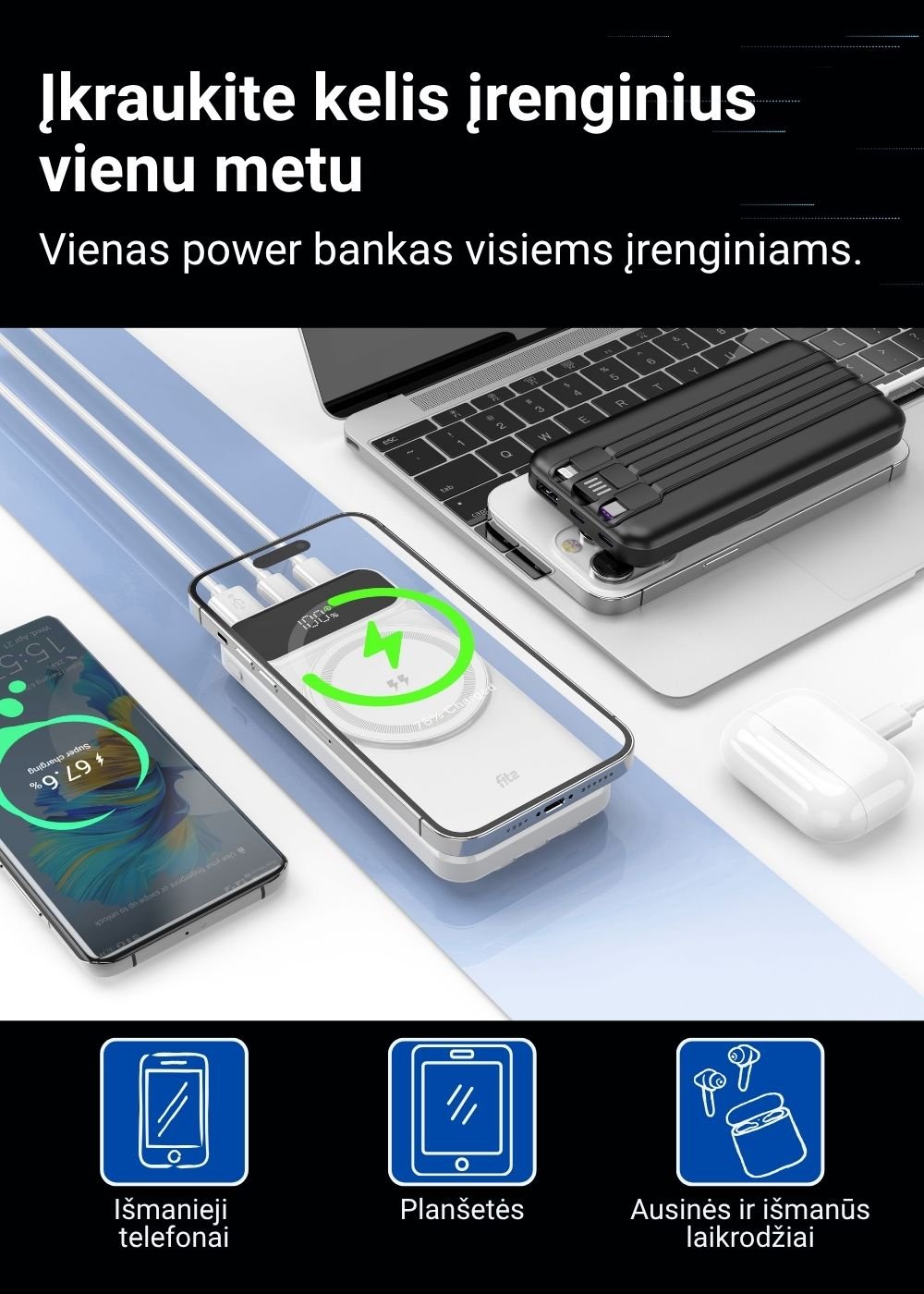 Išorinė baterija FIT2 H30C 10000 mAh, 22.5W greitas ir 15W belaidis įkrovimas aprašymas - Prekės nuotrauka