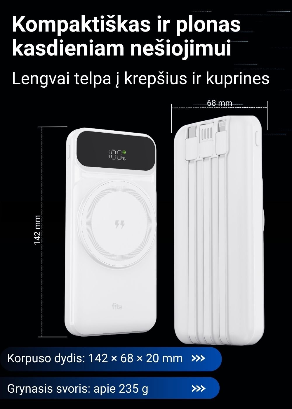 Išorinė baterija FIT2 H30C 10000 mAh, 22.5W greitas ir 15W belaidis įkrovimas aprašymas - Prekės nuotrauka