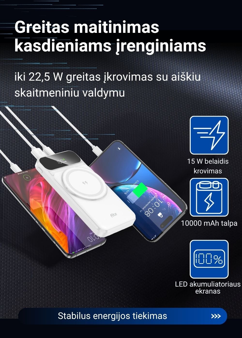 Išorinė baterija FIT2 H30C 10000 mAh, 22.5W greitas ir 15W belaidis įkrovimas aprašymas - Prekės nuotrauka