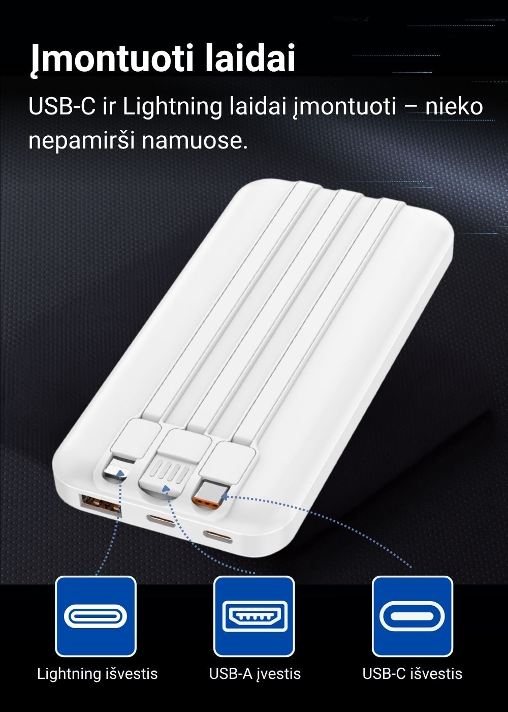 Išorinė baterija FIT2 H30C 10000 mAh, 22.5W greitas ir 15W belaidis įkrovimas aprašymas - Prekės nuotrauka