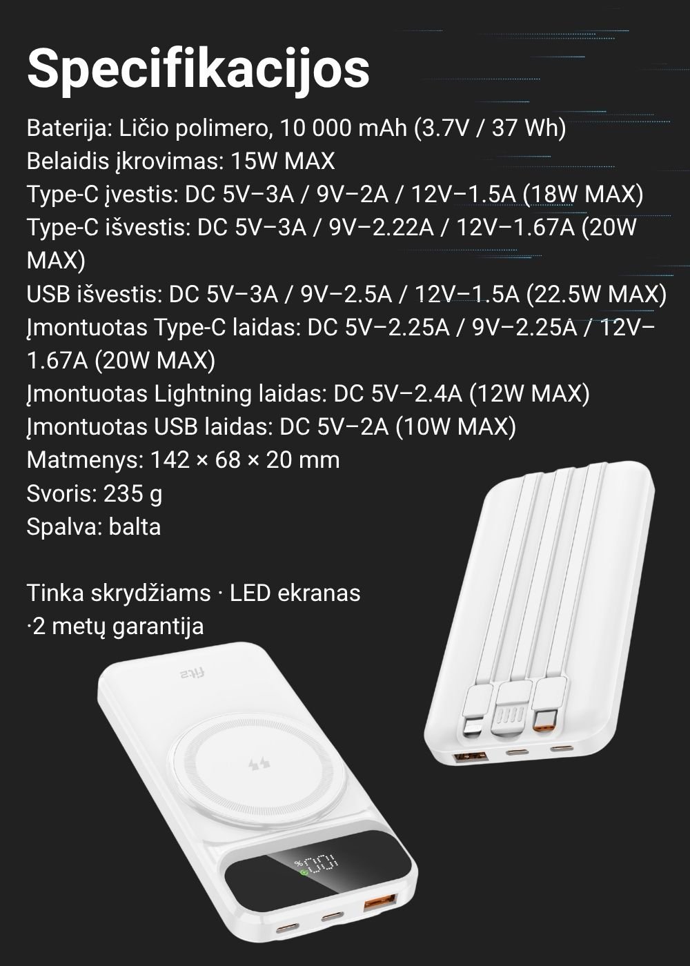 Išorinė baterija FIT2 H30C 10000 mAh, 22.5W greitas ir 15W belaidis įkrovimas aprašymas - Prekės nuotrauka