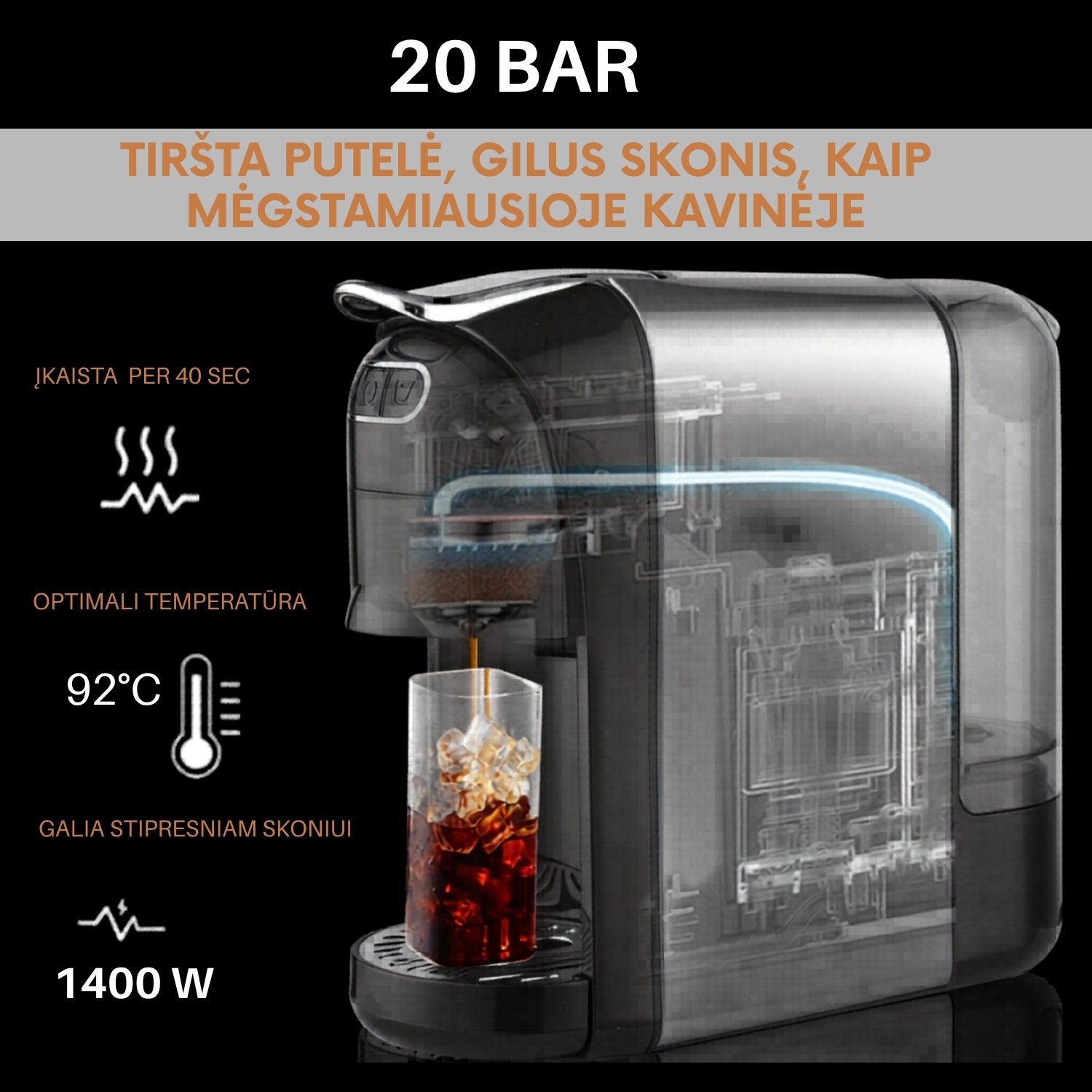 Kapsulinis kavos aparatas FIT2 Uno 3-in-1 Nespresso, Dolce Gusto ir malta kava, 20 barų, 1400 W, 700 ml aprašymas - Prekės nuotrauka