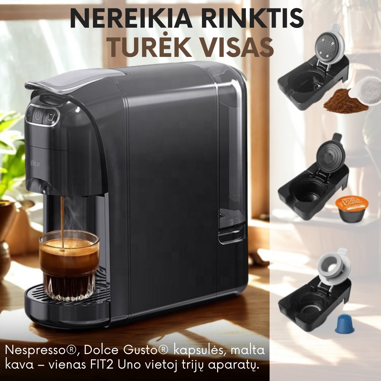 Kapsulinis kavos aparatas FIT2 Uno 3-in-1 Nespresso, Dolce Gusto ir malta kava, 20 barų, 1400 W, 700 ml aprašymas - Prekės nuotrauka