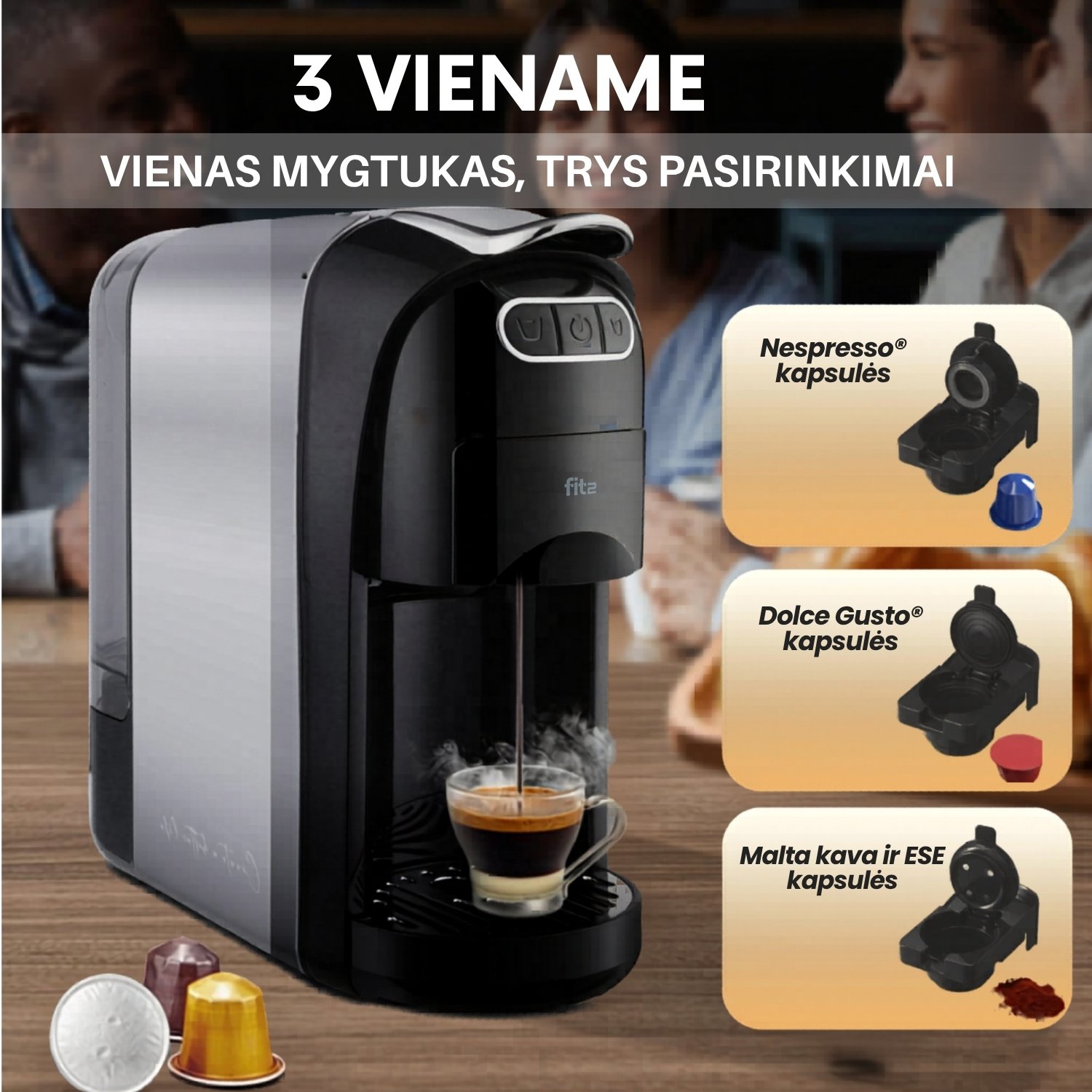 Kapsulinis kavos aparatas FIT2 Uno 3-in-1 Nespresso, Dolce Gusto ir malta kava, 20 barų, 1400 W, 700 ml aprašymas - Prekės nuotrauka