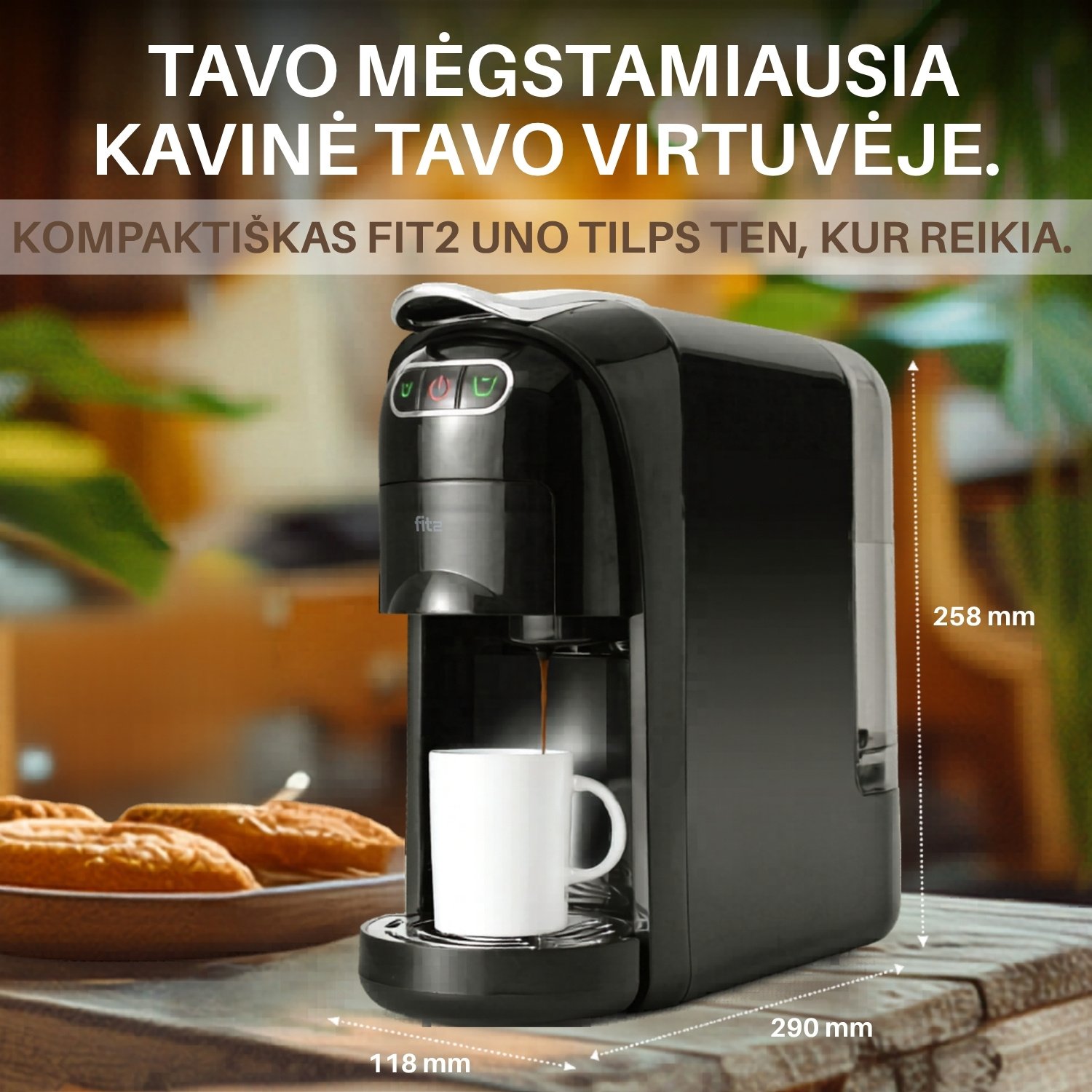 Kapsulinis kavos aparatas FIT2 Uno 3-in-1 Nespresso, Dolce Gusto ir malta kava, 20 barų, 1400 W, 700 ml aprašymas - Prekės nuotrauka