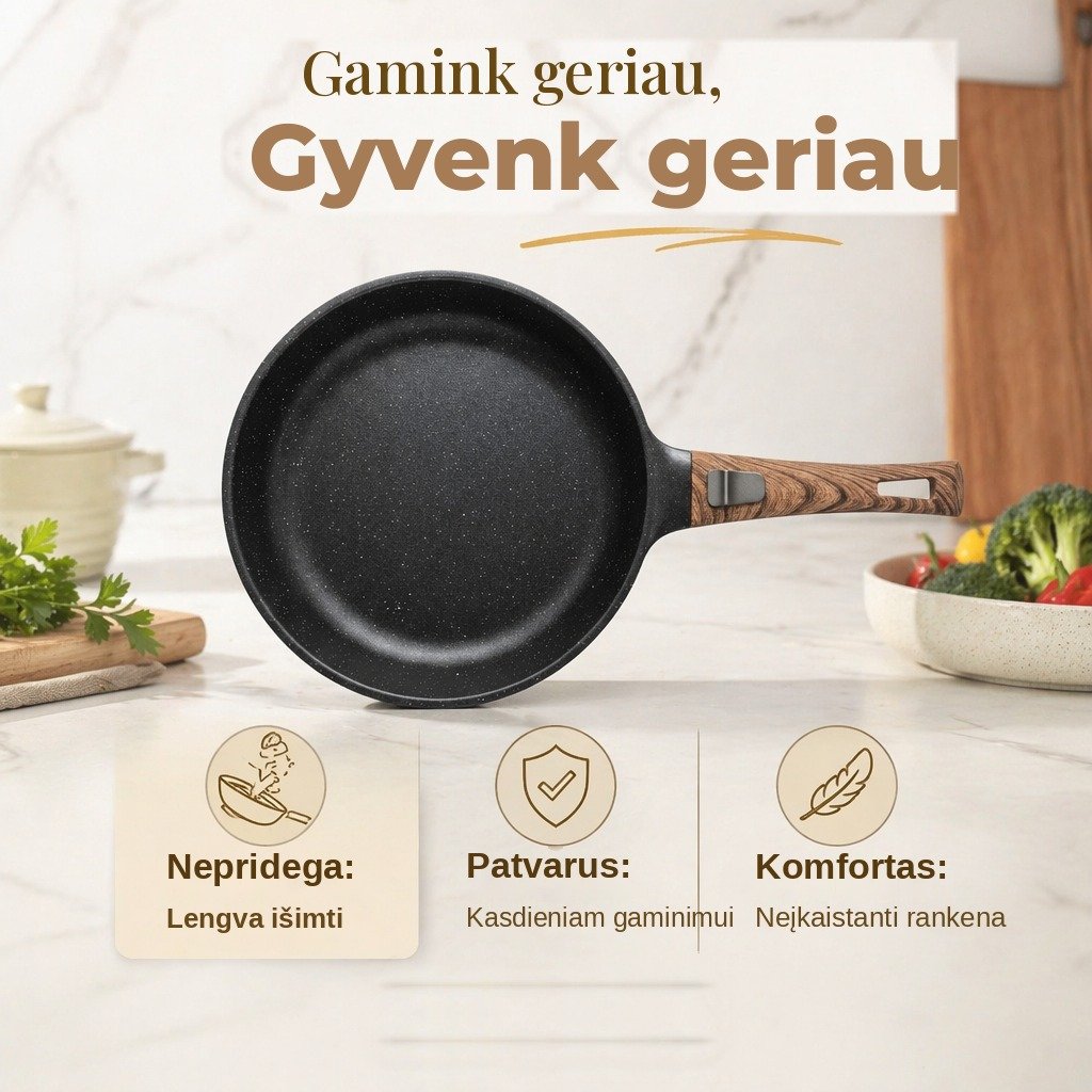 Keptuvė FIT2 ClickPan su nesvylančia danga, nuimama rankena 26 cm juoda aprašymas - Prekės nuotrauka