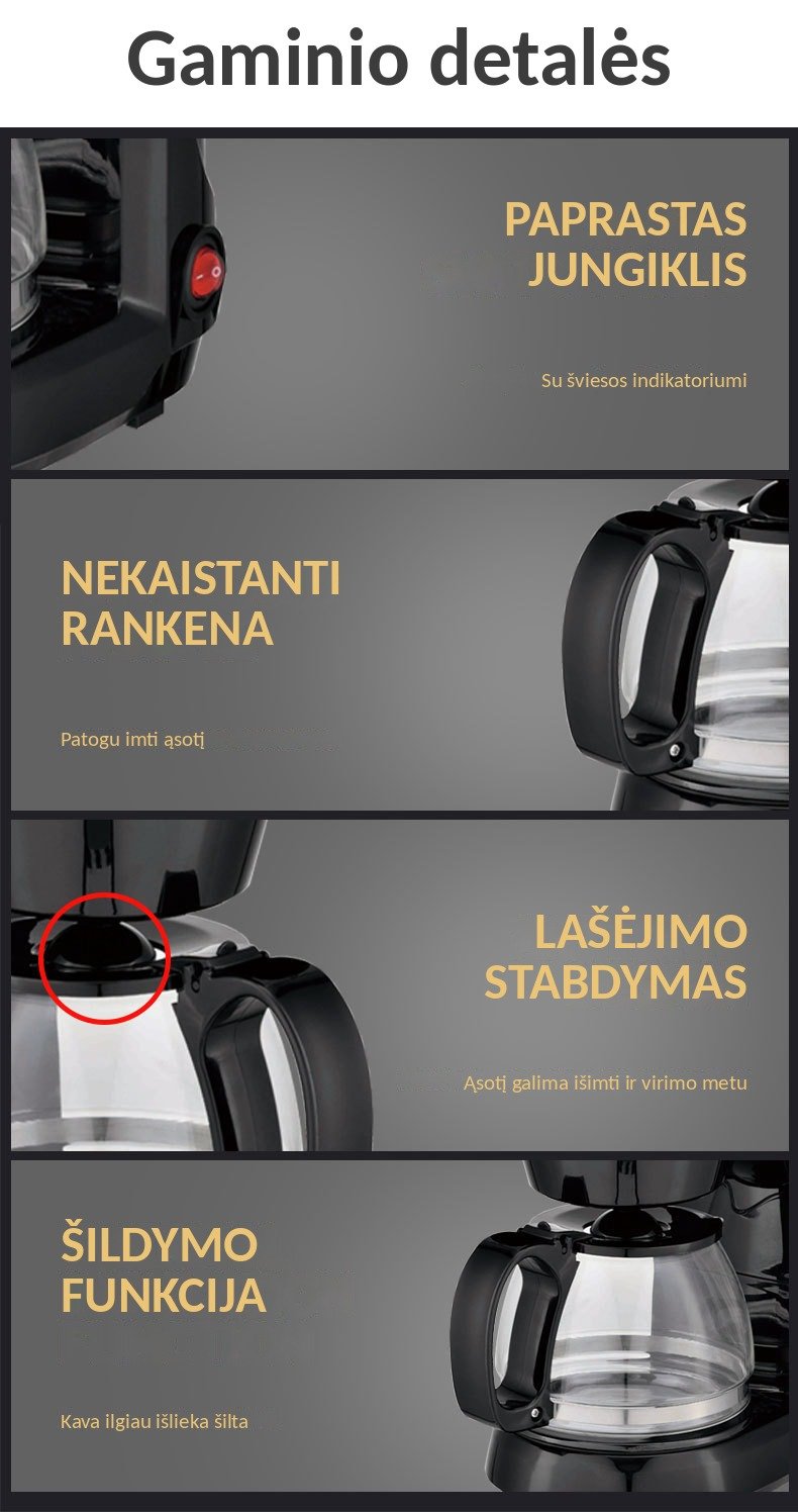 Lašelinis kavos aparatas FIT2 CM-102, 650 W, 0,75 l su stikliniu ąsočiu, juodas aprašymas - Prekės nuotrauka