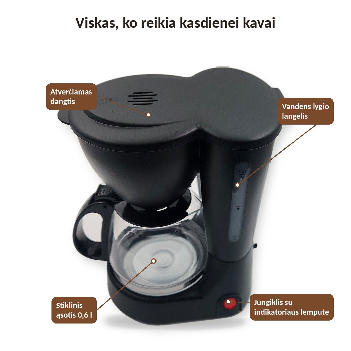 Lašelinis kavos aparatas WJ-9008 650 W, 0,6 l su stikliniu ąsočiu aprašymas - Prekės nuotrauka