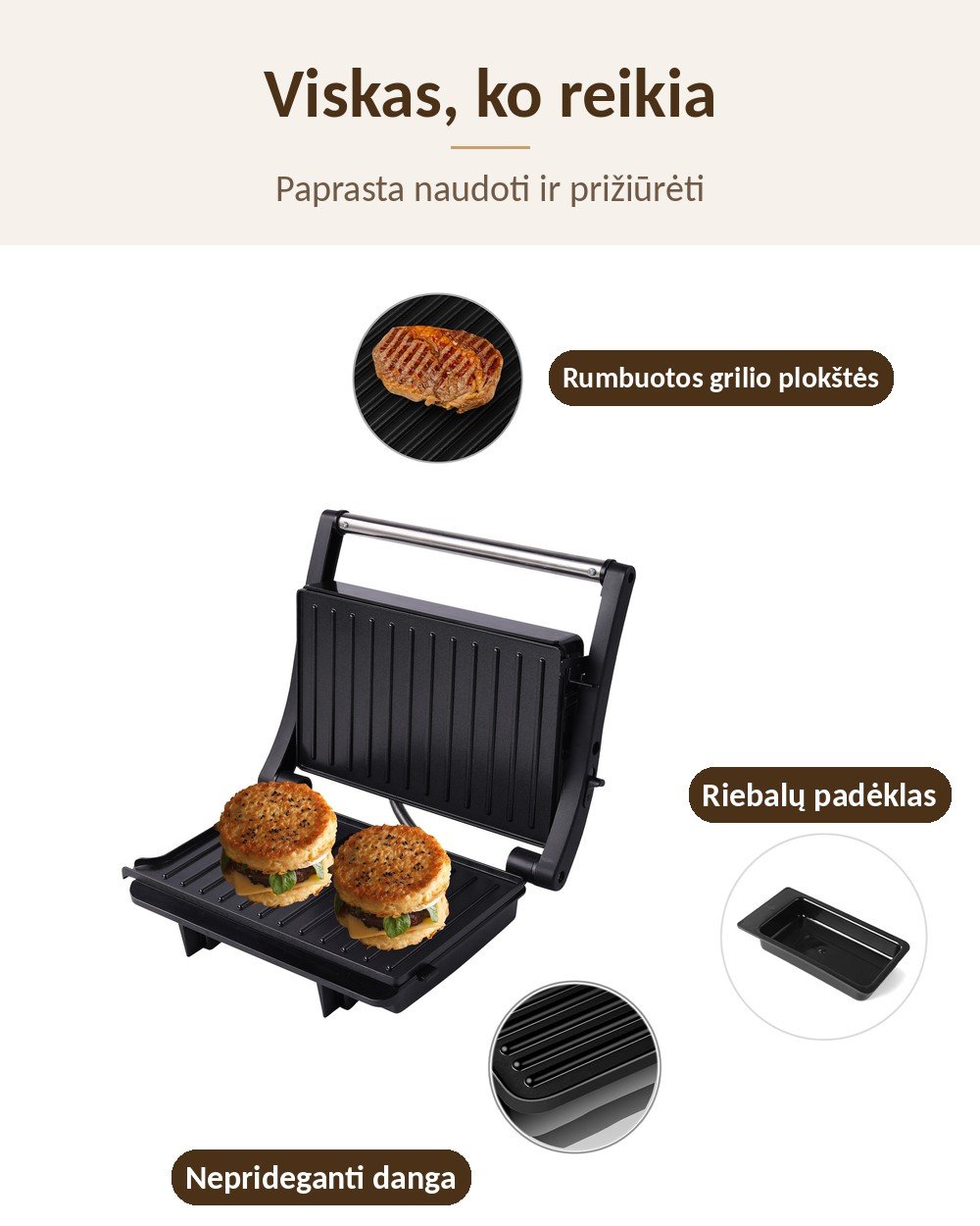 Panini keptuvė ir kontaktinis grilis SL-106, 1000 W, nepridegančios plokštės, juoda aprašymas - Prekės nuotrauka
