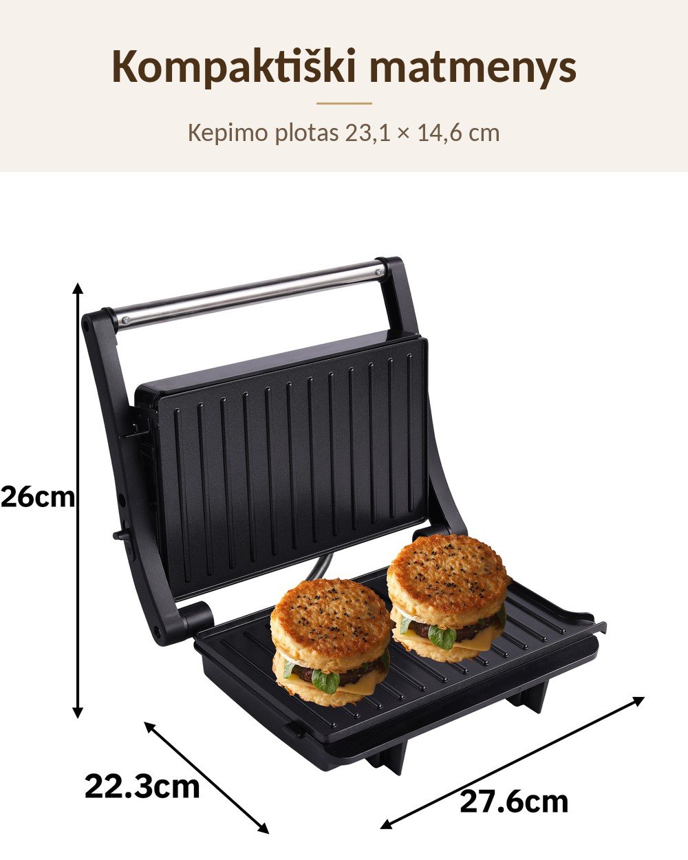 Panini keptuvė ir kontaktinis grilis SL-106, 1000 W, nepridegančios plokštės, juoda aprašymas - Prekės nuotrauka