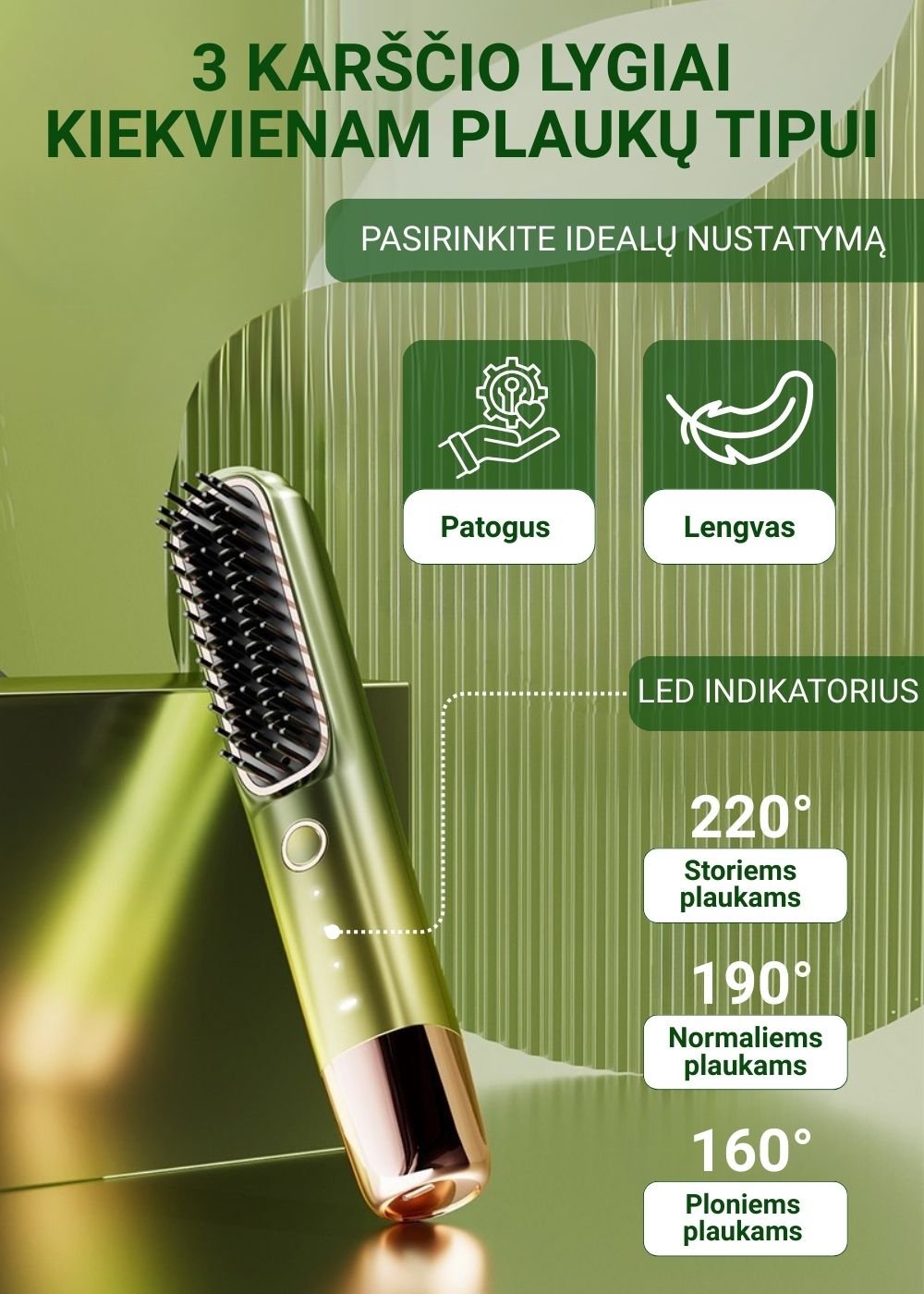 Plaukų tiesinimo šepetys FIT2 FITLC702, 3 temperatūros 160-220°C, įkaista per 15 s, 4000 mAh USB-C, violetinis aprašymas - Prekės nuotrauka