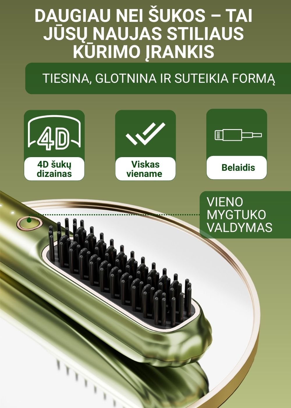 Plaukų tiesinimo šepetys FIT2 FITLC702, 3 temperatūros 160-220°C, įkaista per 15 s, 4000 mAh USB-C, violetinis aprašymas - Prekės nuotrauka