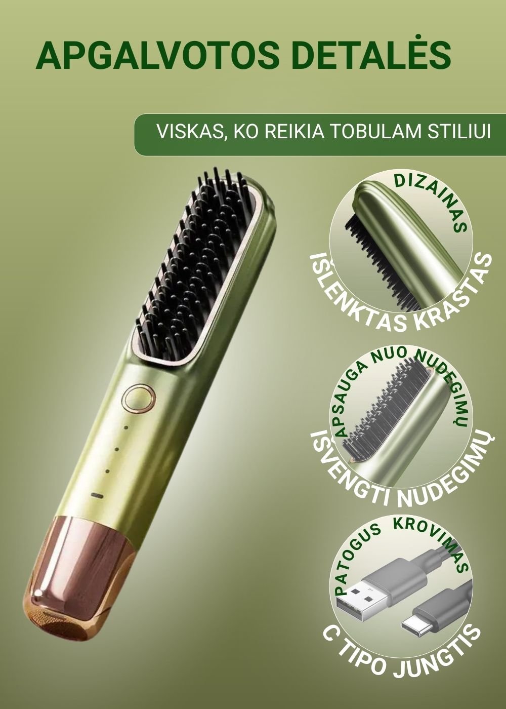 Plaukų tiesinimo šepetys FIT2 FITLC702, 3 temperatūros 160-220°C, įkaista per 15 s, 4000 mAh USB-C, violetinis aprašymas - Prekės nuotrauka