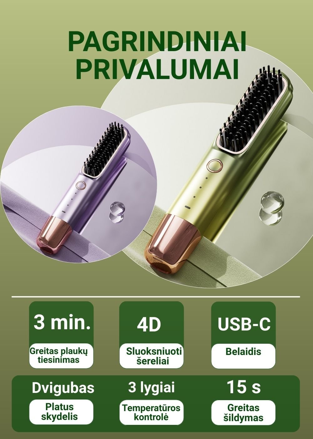 Plaukų tiesinimo šepetys FIT2 FITLC702, 3 temperatūros 160-220°C, įkaista per 15 s, 4000 mAh USB-C, violetinis aprašymas - Prekės nuotrauka