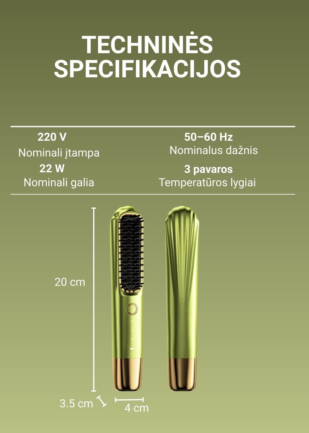 Plaukų tiesinimo šepetys FIT2 FITLC702, 3 temperatūros 160-220°C, įkaista per 15 s, 4000 mAh USB-C, žalias aprašymas - Prekės nuotrauka