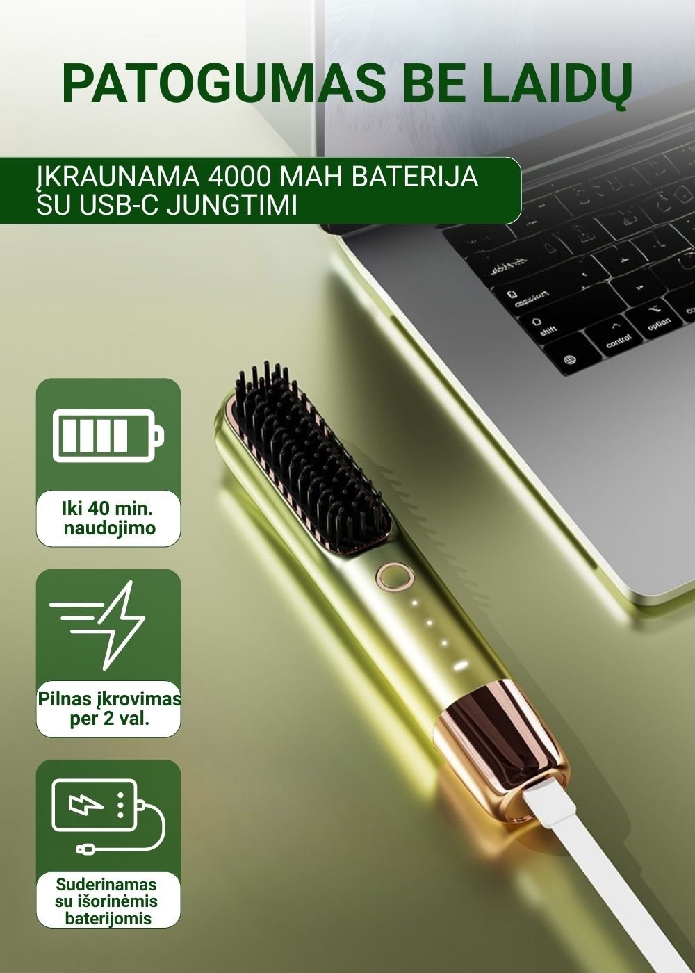 Plaukų tiesinimo šepetys FIT2 FITLC702, 3 temperatūros 160-220°C, įkaista per 15 s, 4000 mAh USB-C, žalias aprašymas - Prekės nuotrauka