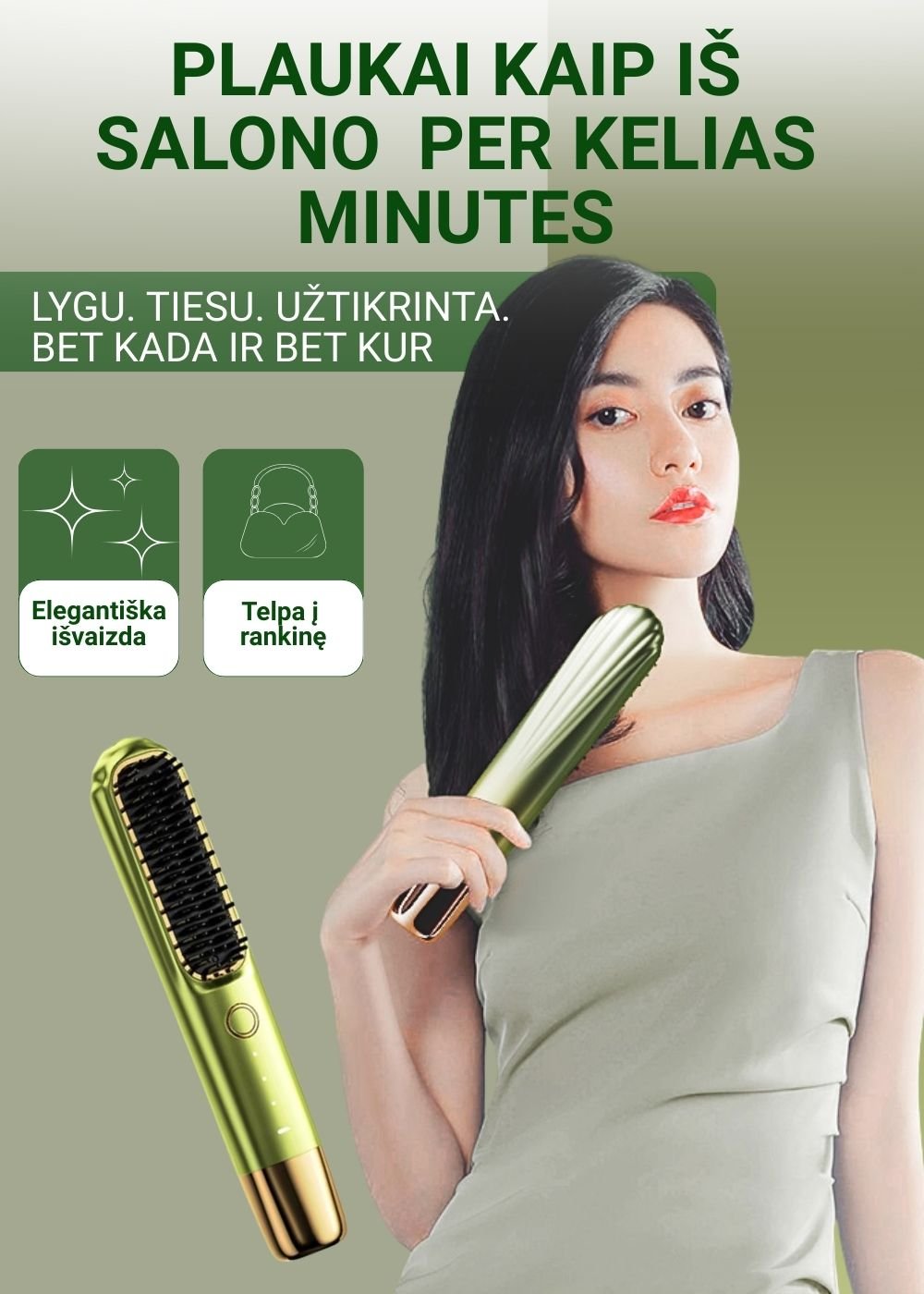 Plaukų tiesinimo šepetys FIT2 FITLC702, 3 temperatūros 160-220°C, įkaista per 15 s, 4000 mAh USB-C, žalias aprašymas - Prekės nuotrauka