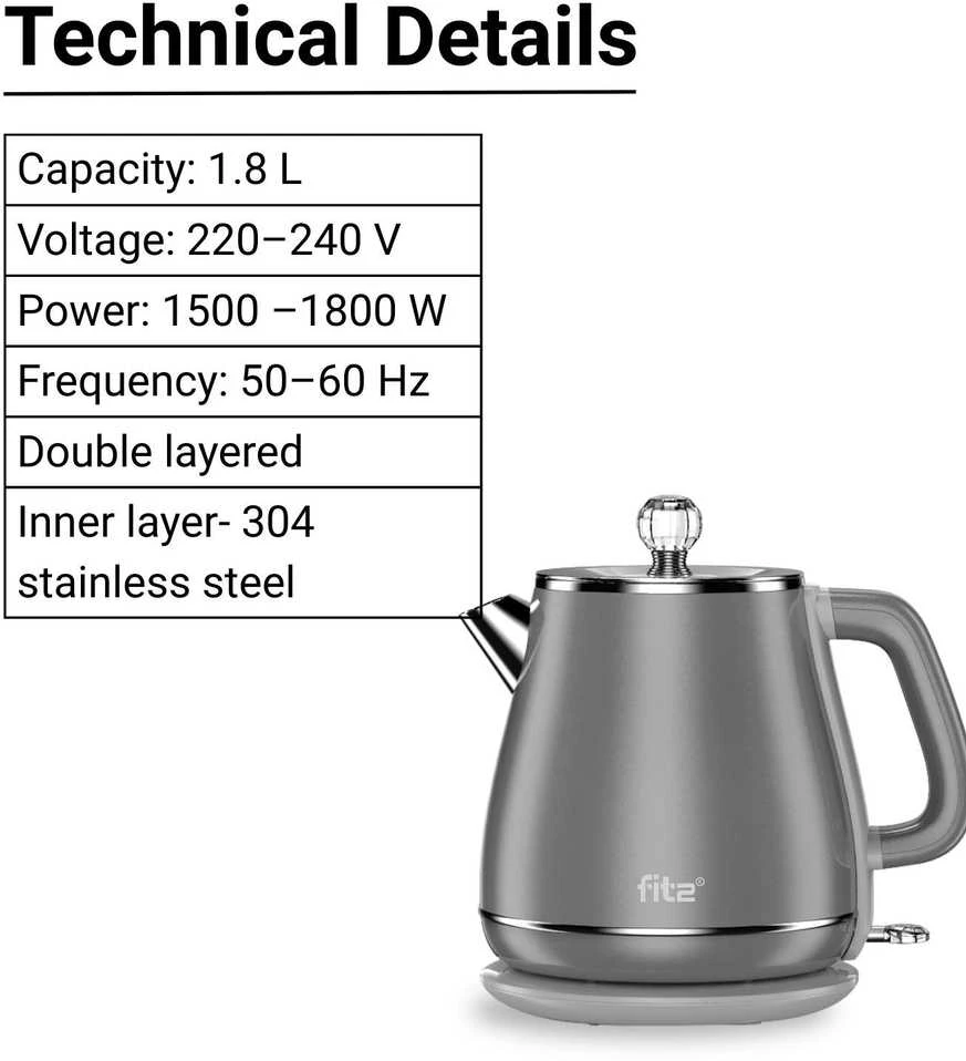 Elektrinis virdulys FIT2 YD-1830 1.8L 1800W dvigubų sienelių, neįkaistantis, pilkas