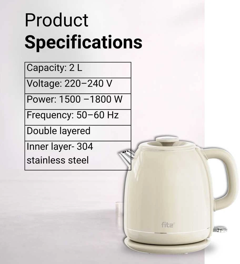 Elektrinis virdulys FIT2 YD-2035 2L 1800W dvigubų sienelių, 304 nerūd. plienas, kreminis