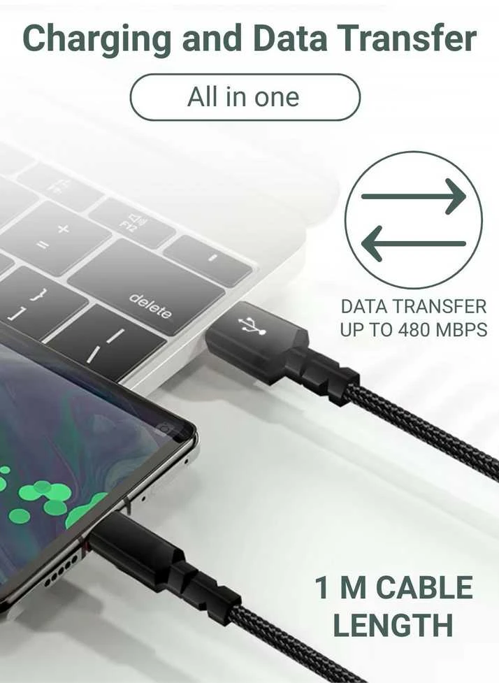 Greitojo įkrovimo laidas FIT2 WS002 USB-A į USB-C 15W 1m pintas, juodas