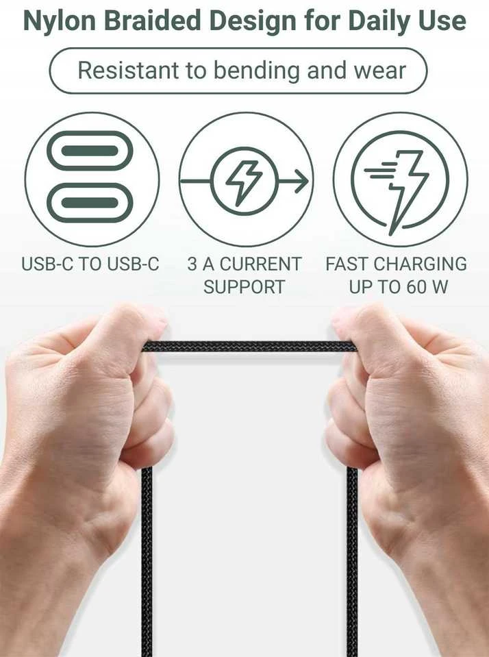 Greitojo įkrovimo laidas FIT2 WS003 USB-C į USB-C 60W 1m pintas, juodas
