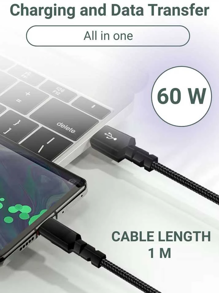 Greitojo įkrovimo laidas FIT2 WS003 USB-C į USB-C 60W 1m pintas, juodas