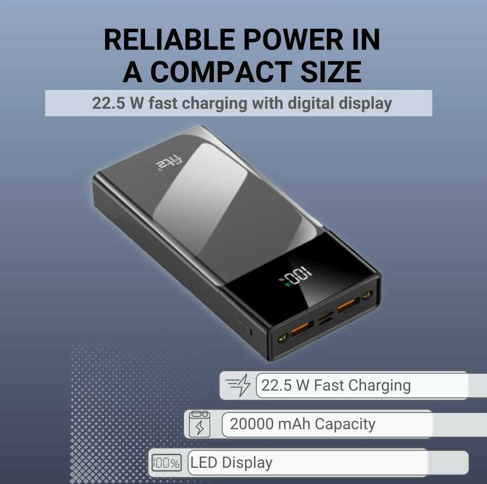 Greitojo įkrovimo išorinė baterija FIT2 K100 20000mAh 22.5W PD su LED ekranu, juoda