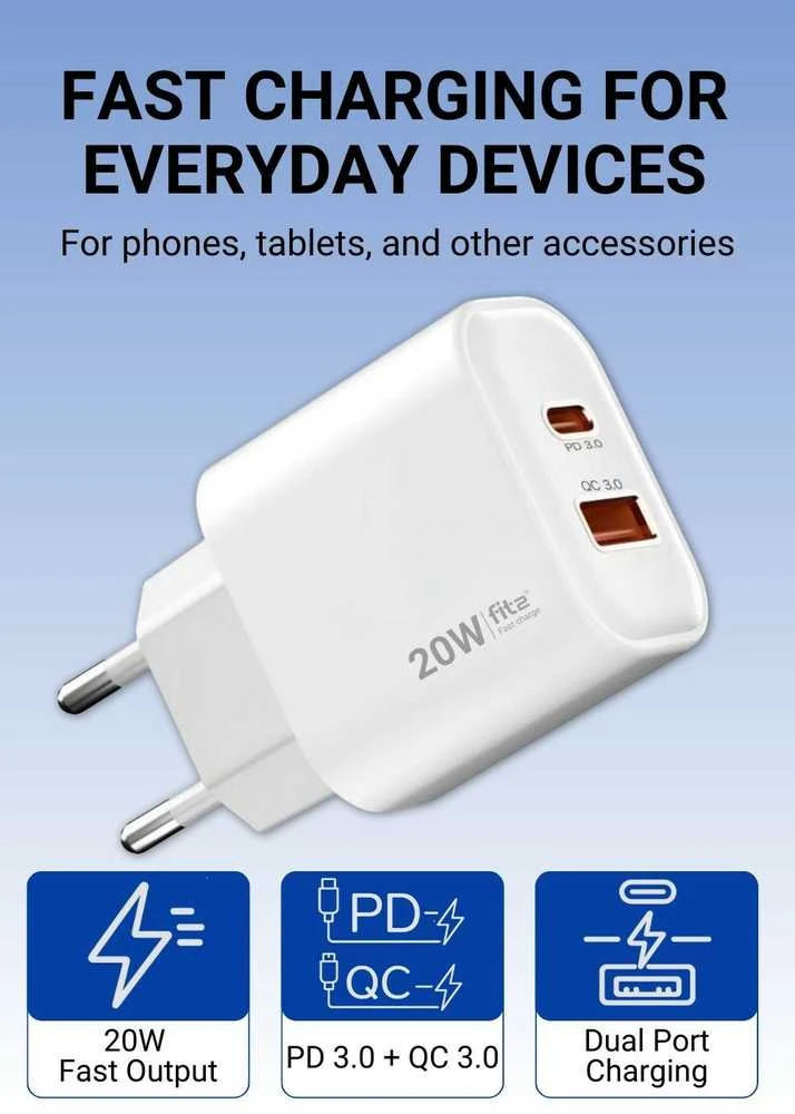 Greitojo įkrovimo įkroviklis FIT2 K20 20W su USB-C PD ir USB-A QC, baltas