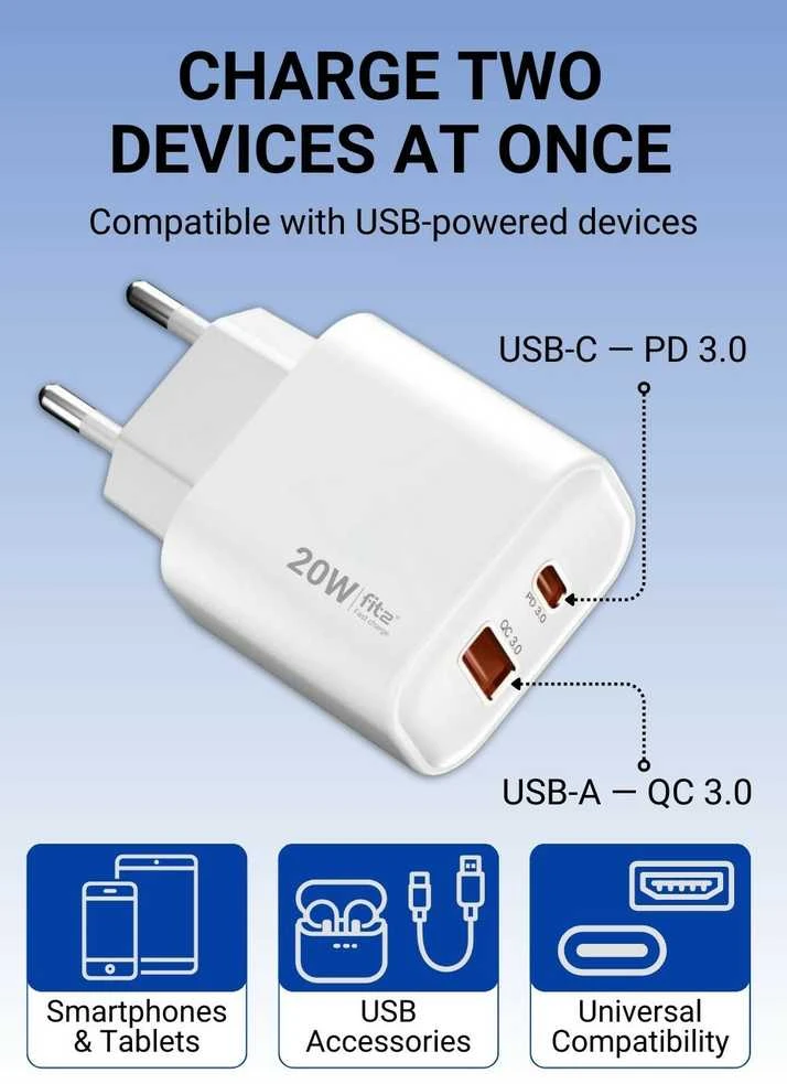 Greitojo įkrovimo įkroviklis FIT2 K20 20W su USB-C PD ir USB-A QC, baltas