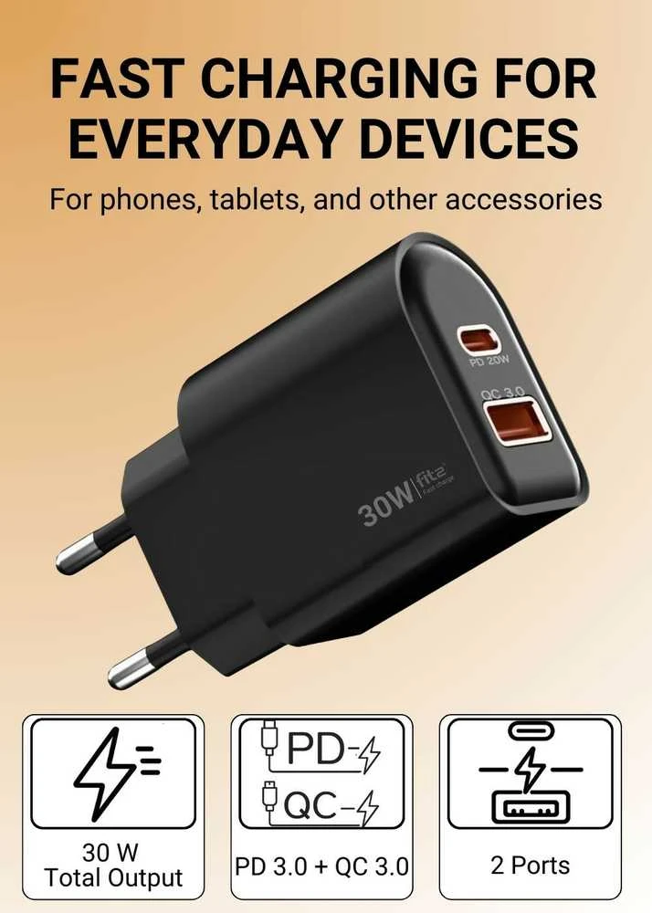 Greitojo įkrovimo įkroviklis FIT2 K22 30W su USB-C PD ir USB-A QC, juodas
