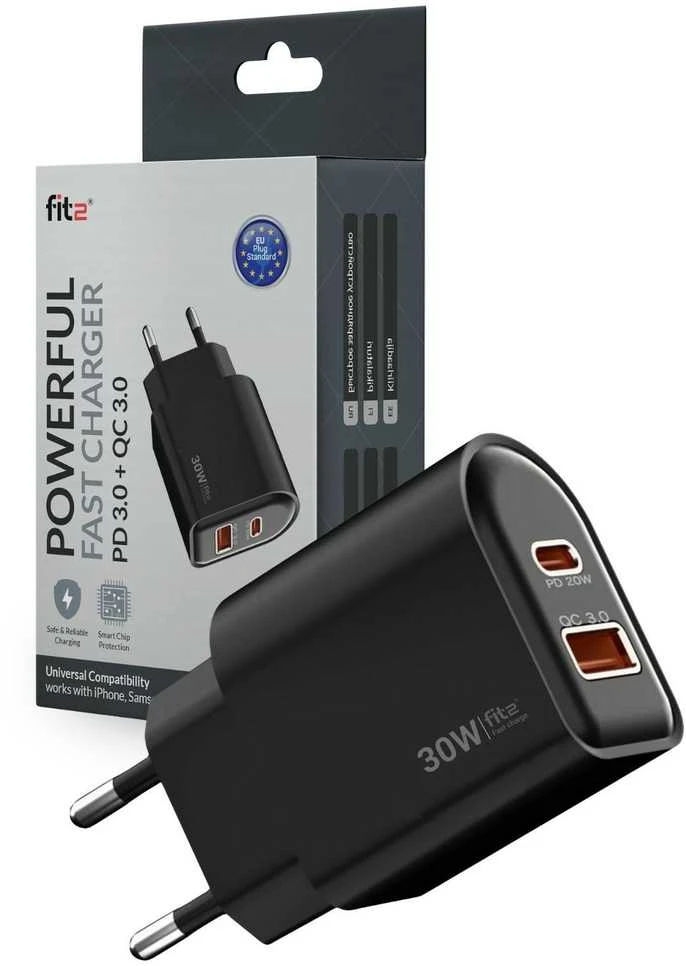 Greitojo įkrovimo įkroviklis FIT2 K22 30W su USB-C PD ir USB-A QC, juodas