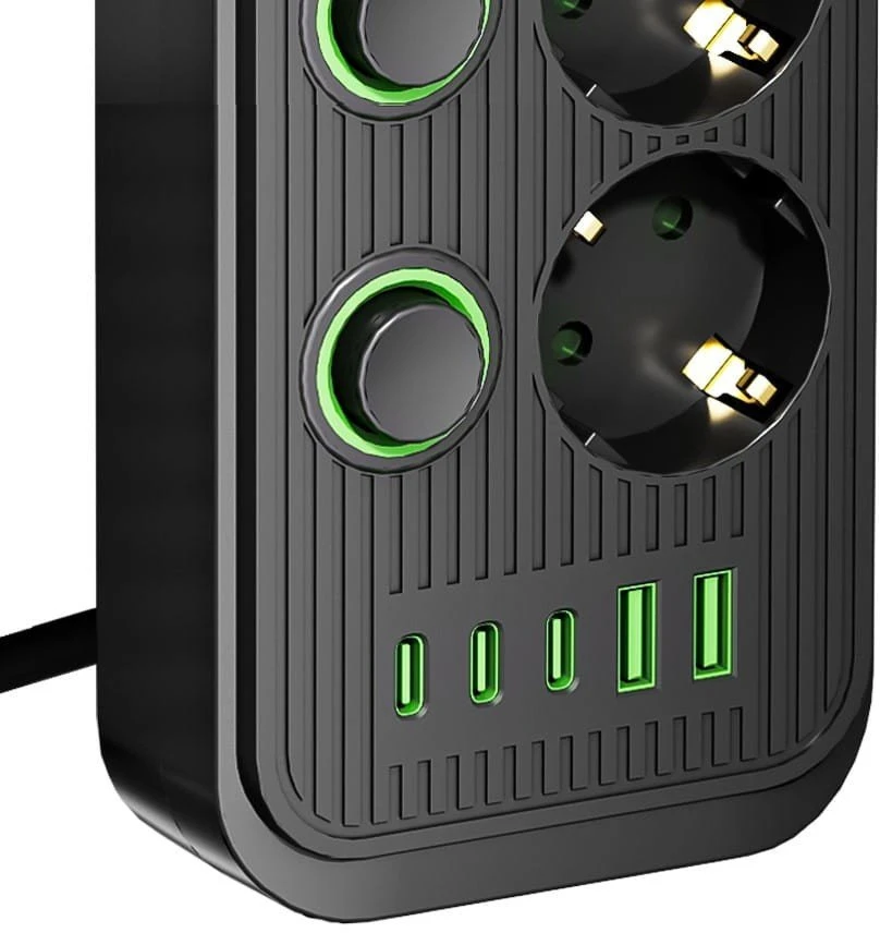 Ilgintuvas Pantherise, 4 lizdai, 2x USB-A, 3x USB-C, atskiri jungikliai, 5 m