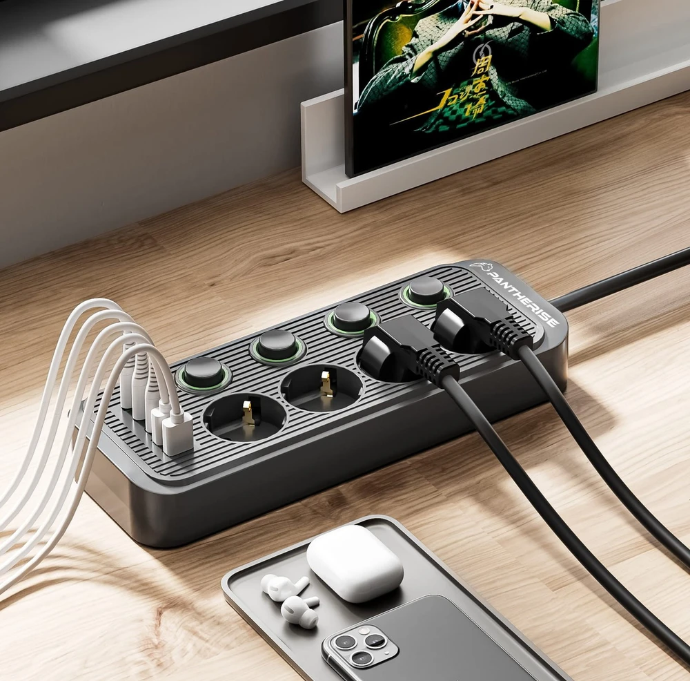 Ilgintuvas Pantherise, 4 lizdai, 2x USB-A, 3x USB-C, atskiri jungikliai, 5 m