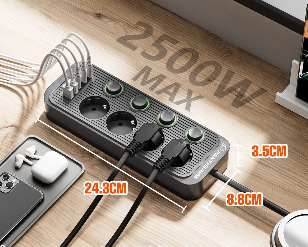 Ilgintuvas Pantherise, 4 lizdai, 2x USB-A, 3x USB-C, atskiri jungikliai, 5 m